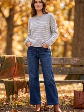 Hem & Thread Striped Rolled Neck Knit Sweater Hygge Taupe Grey White